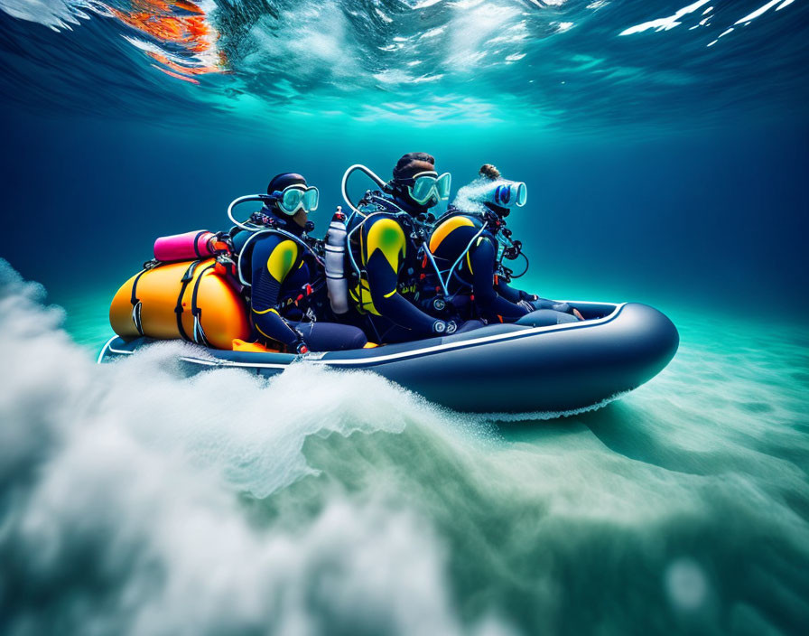 Three Scuba Divers on Inflatable Boat Preparing to Dive in Clear Blue Water