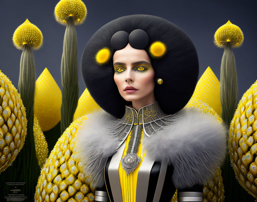 Digital artwork featuring woman in yellow attire with abstract corn-like plants