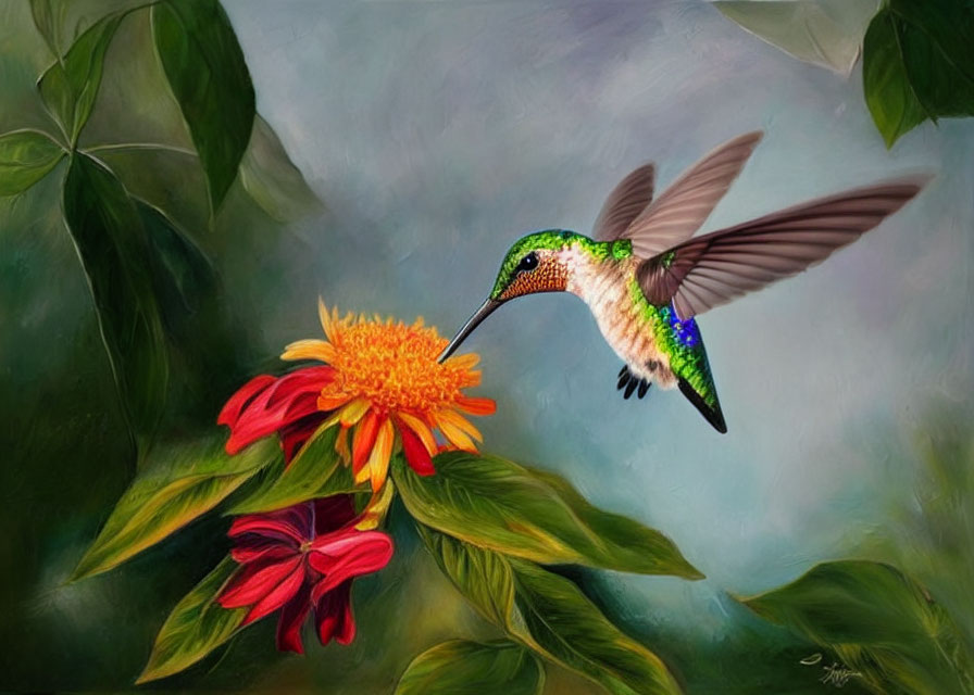 Colorful hummingbird painting with orange flower and green leaves