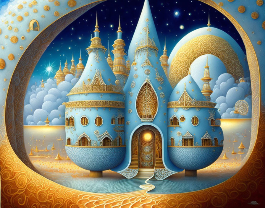 Fantastical painting: Blue castle with golden accents under night sky