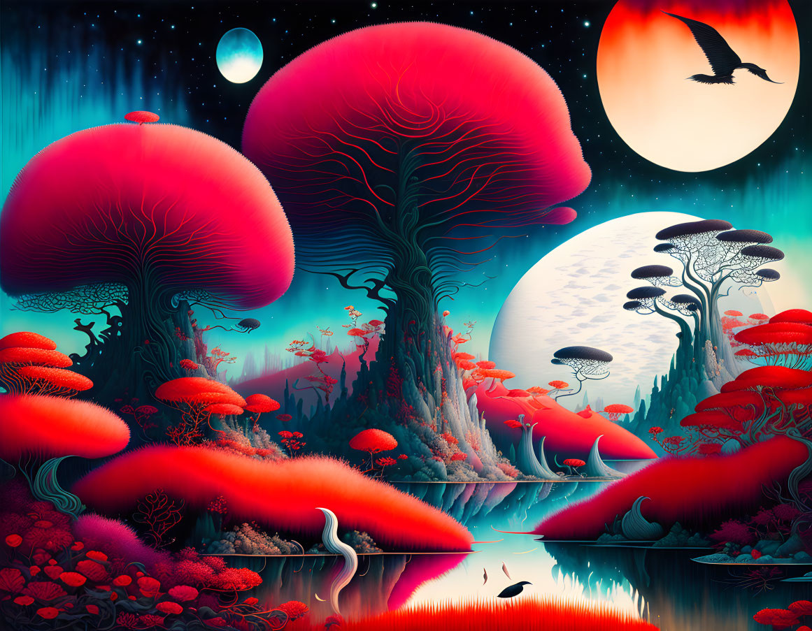 Fantastical landscape with oversized red mushrooms, dual moons, bird silhouette, and reflective water.