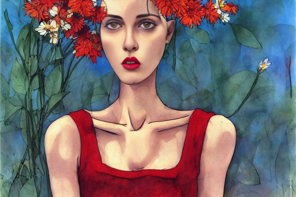 Stylized illustration of woman with pale skin and red lips in red dress