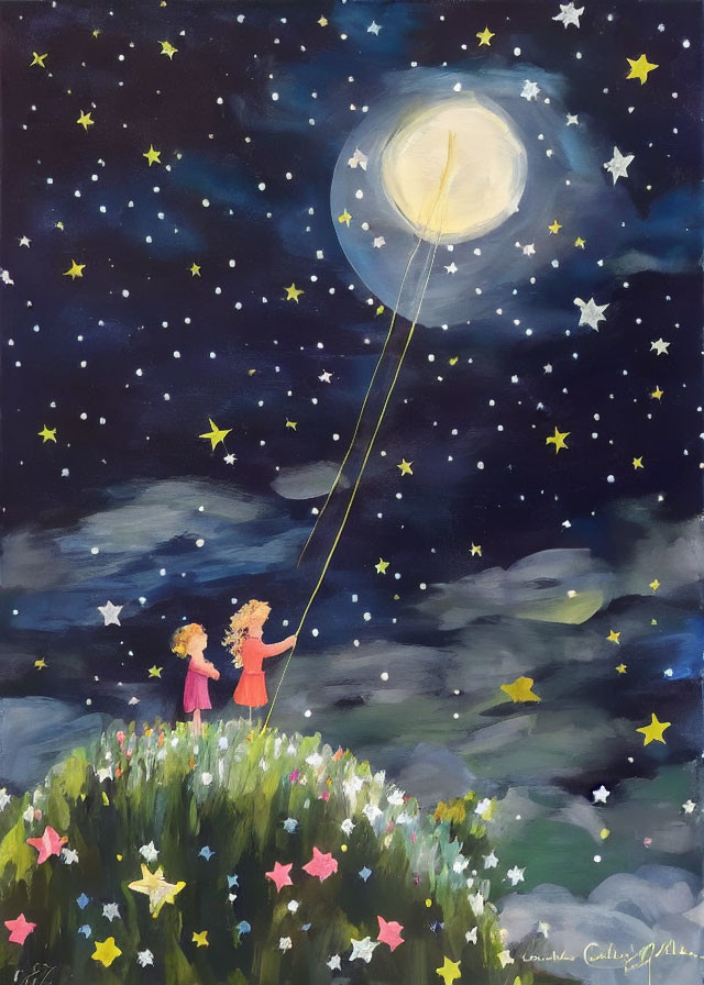 Children holding string to crescent moon in starry sky on hill with flowers