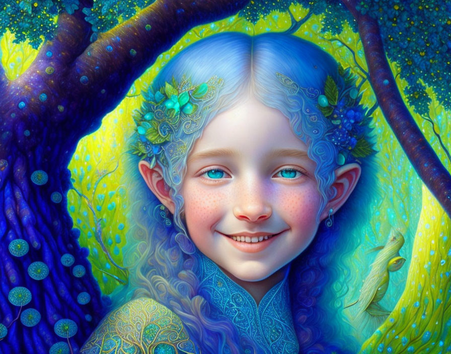 Colorful digital artwork of a smiling fantasy character with blue hair and pointed ears under a peacock feather