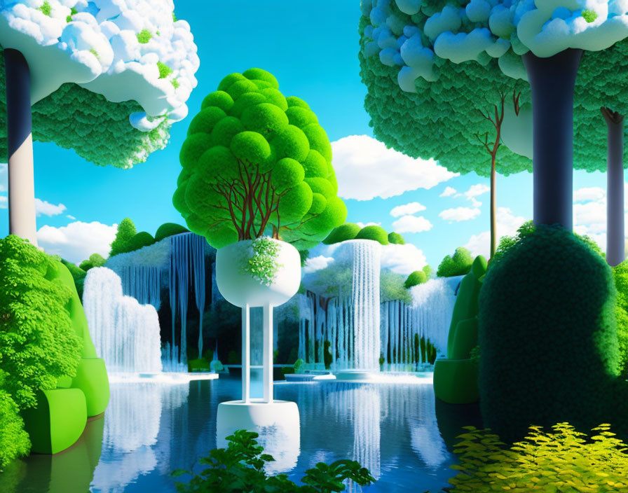 Colorful surreal landscape with oversized geometric trees and waterfalls