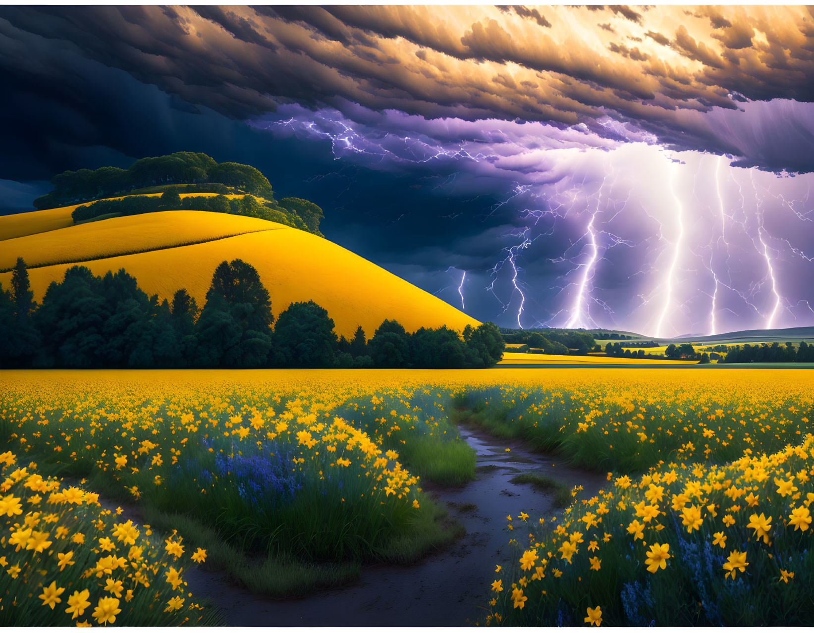 Dramatic yellow flower field under lightning storm