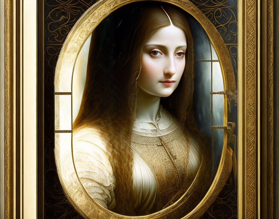 Surreal portrait of woman in circular golden frame on black background