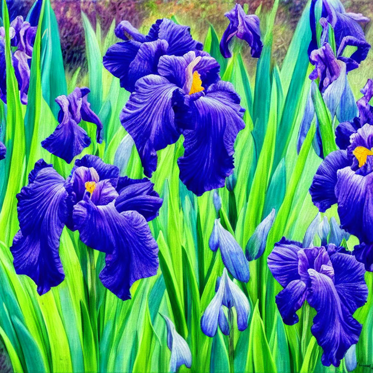Beautiful Purple Iris Flowers with Yellow Accents in Green Foliage