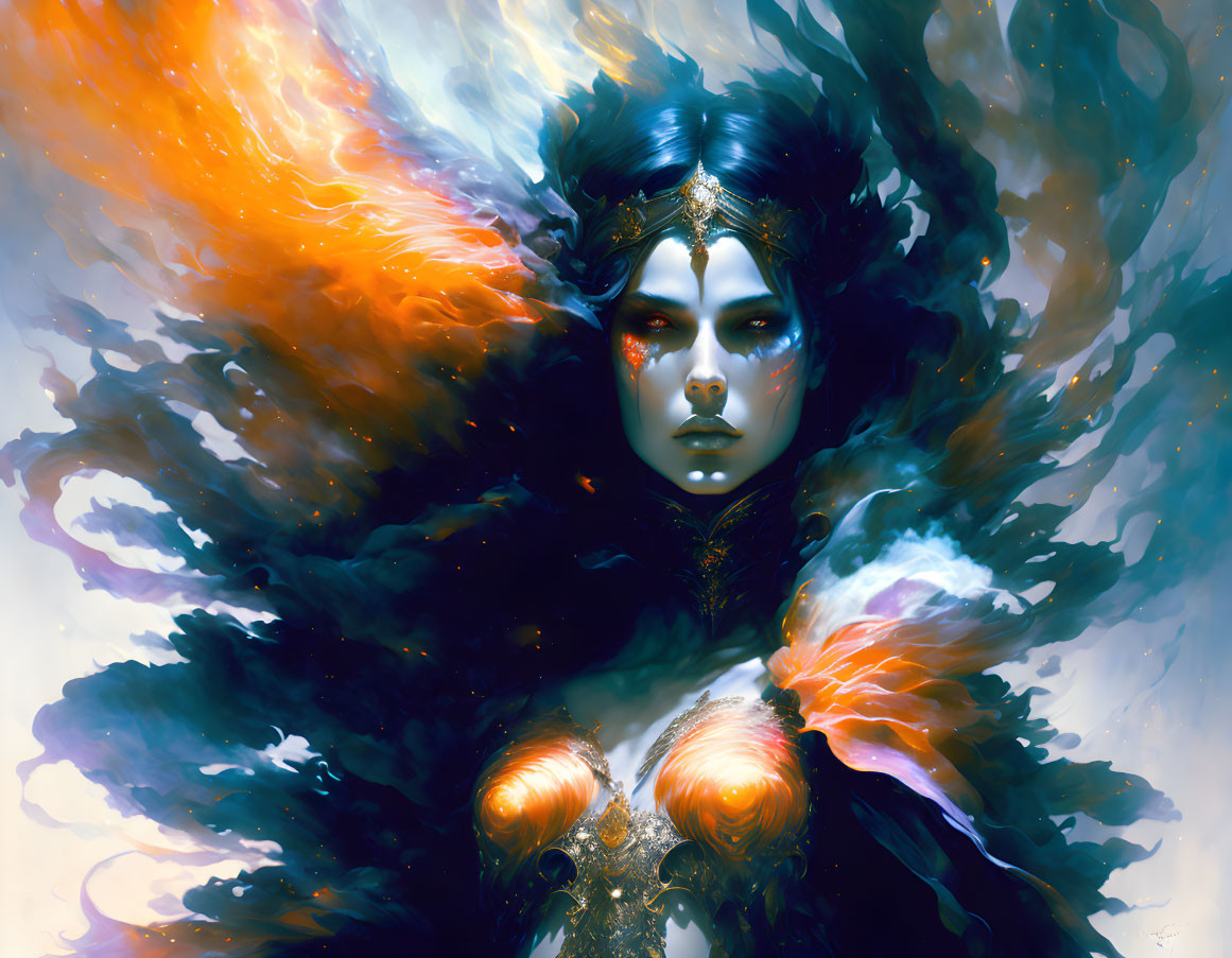 Fantasy illustration of a woman with dark mystic aura and fiery orange and blue accents, adorned with