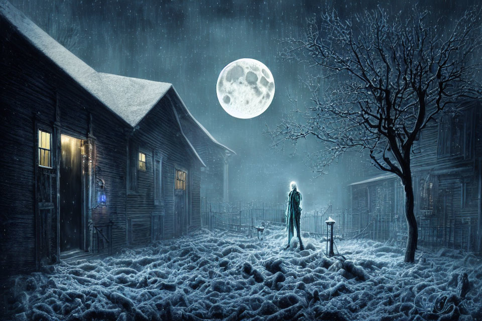 Ghostly Figure in Snowy Village Under Full Moon - Barren Trees and Wooden Houses Create Chilling