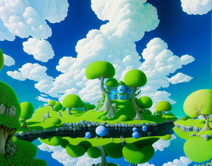 Fantasy landscape with puffy clouds, round trees, blue river, and whimsical tree house