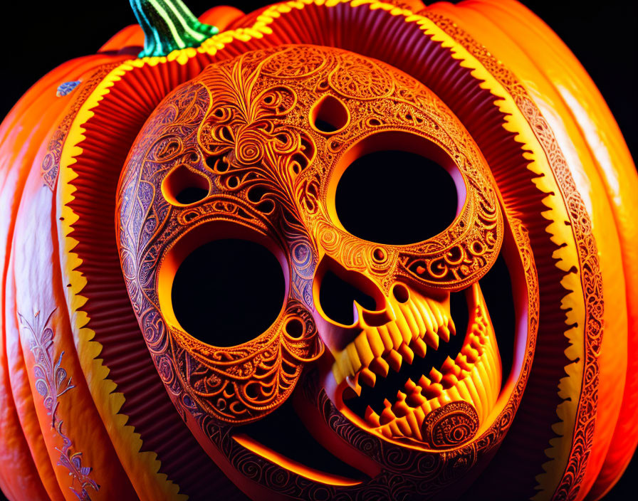 Intricately Carved Day of the Dead Pumpkin Art