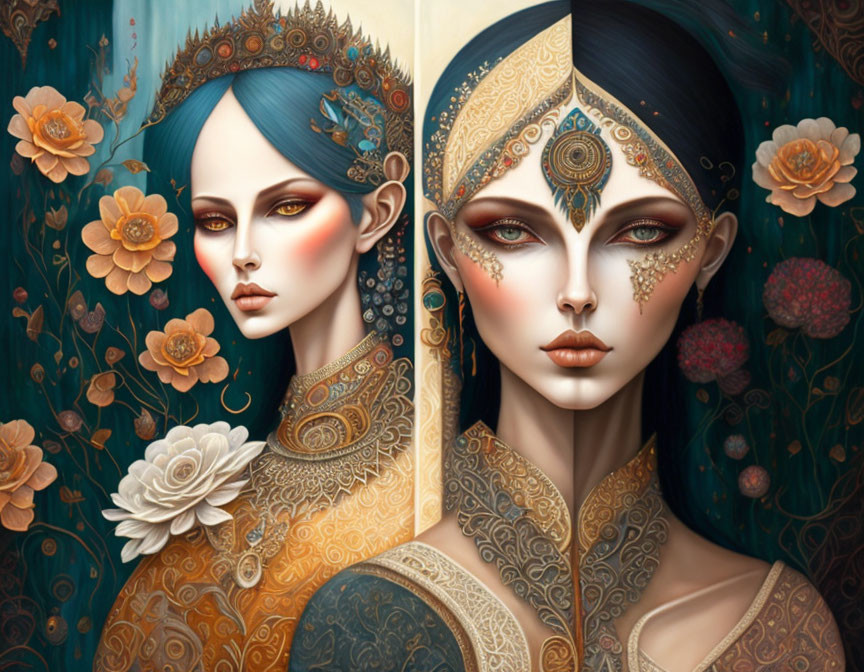 Stylized women with ornate headpieces and gold accents on blue background