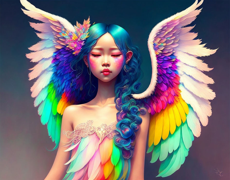 Young woman with multicolored wings and ethereal attire on muted background