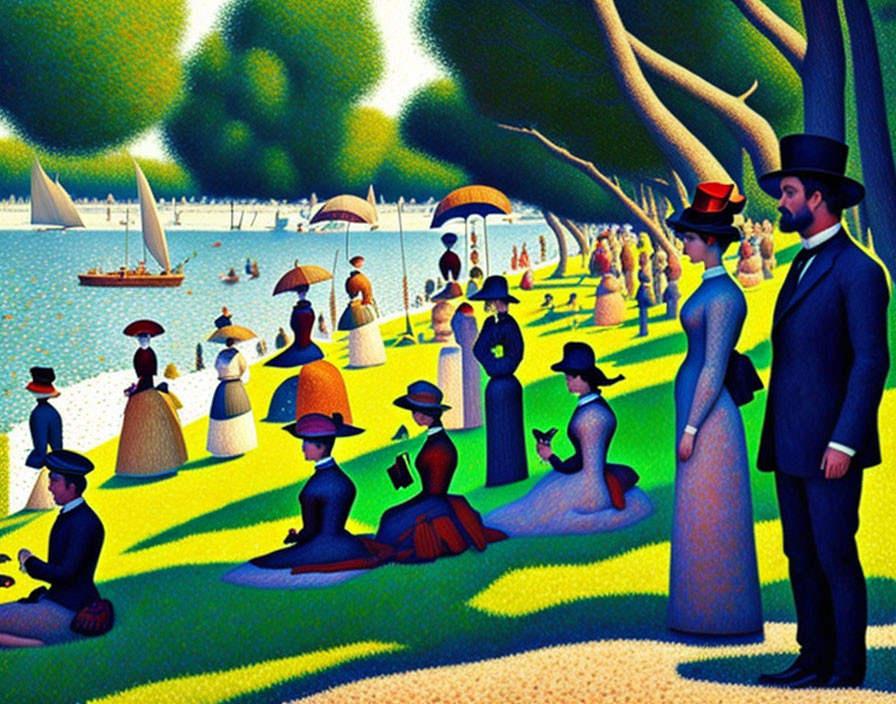 Vintage Attire People in Pointillist Painting Near Water and Sailboats