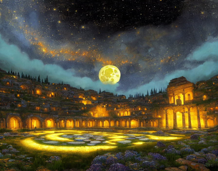 Night scene with full moon over ancient ruins and starry sky