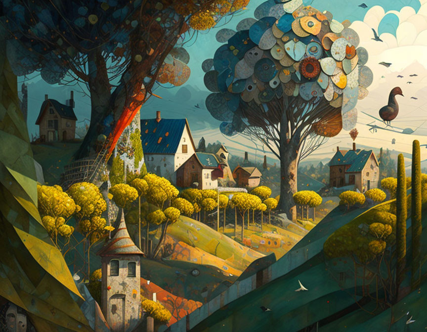 Colorful landscape with stylized trees, houses, hot air balloon, and surreal elements