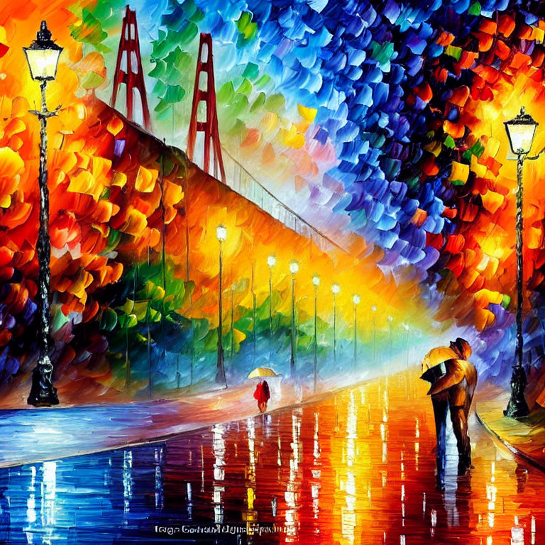 Colorful Painting of Rainy Evening with Person Holding Umbrella