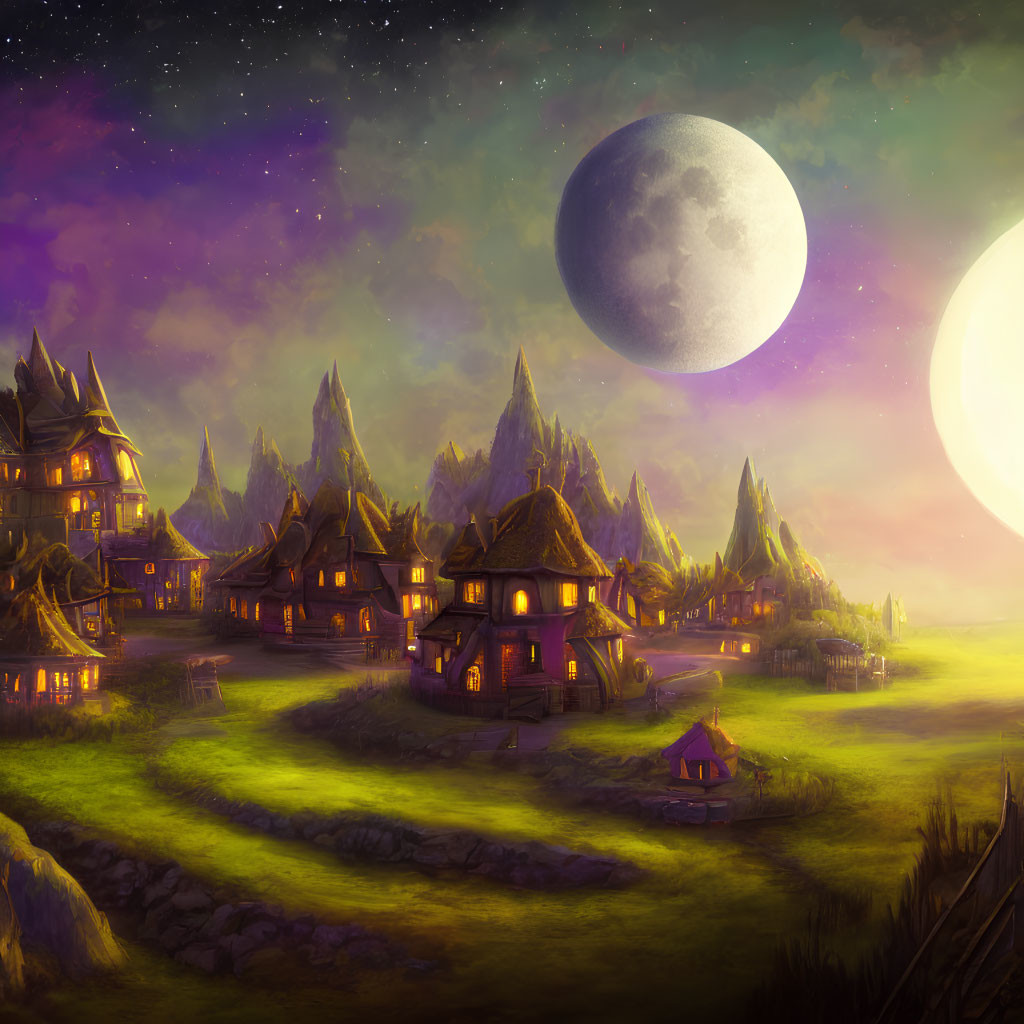Fantasy village with thatched-roof houses at twilight