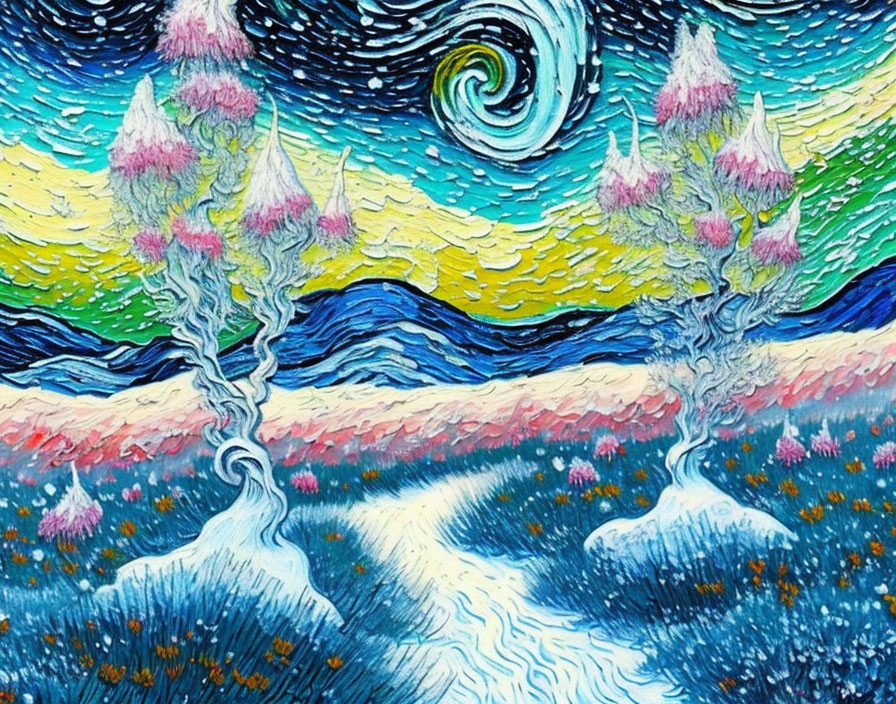 Colorful landscape painting with swirling skies, whimsical trees, and pink foliage.