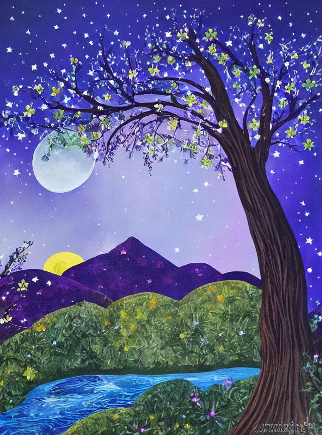 Night scene painting with blooming tree, full moon, stars, hills, river under starry sky