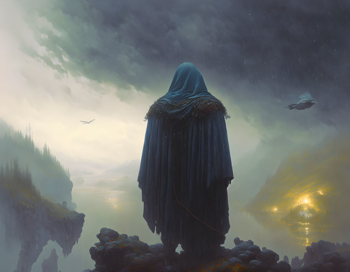 Cloaked figure on cliff gazes at mystical valley with flying creatures and ethereal lights