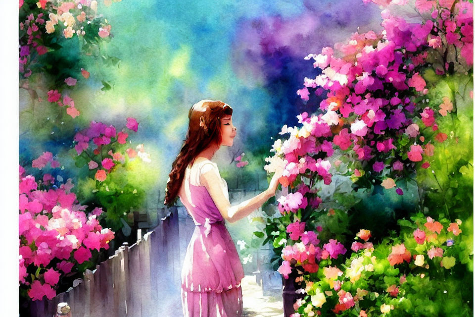 Woman in Pink Dress Touching Blossoming Bush Under Sunlight