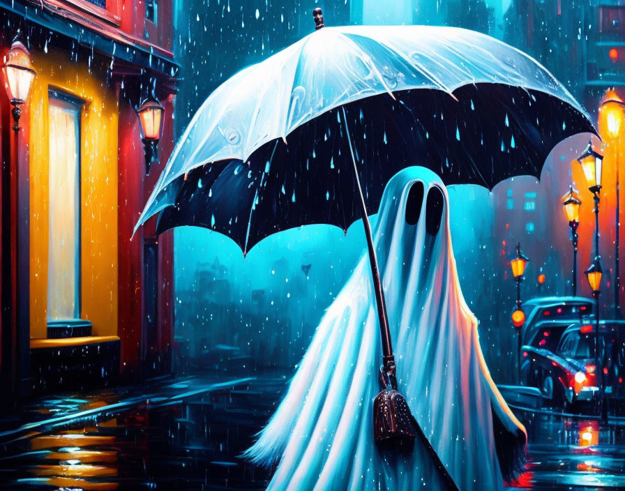 Ghostly Figure with White Umbrella on Rainy Night Street