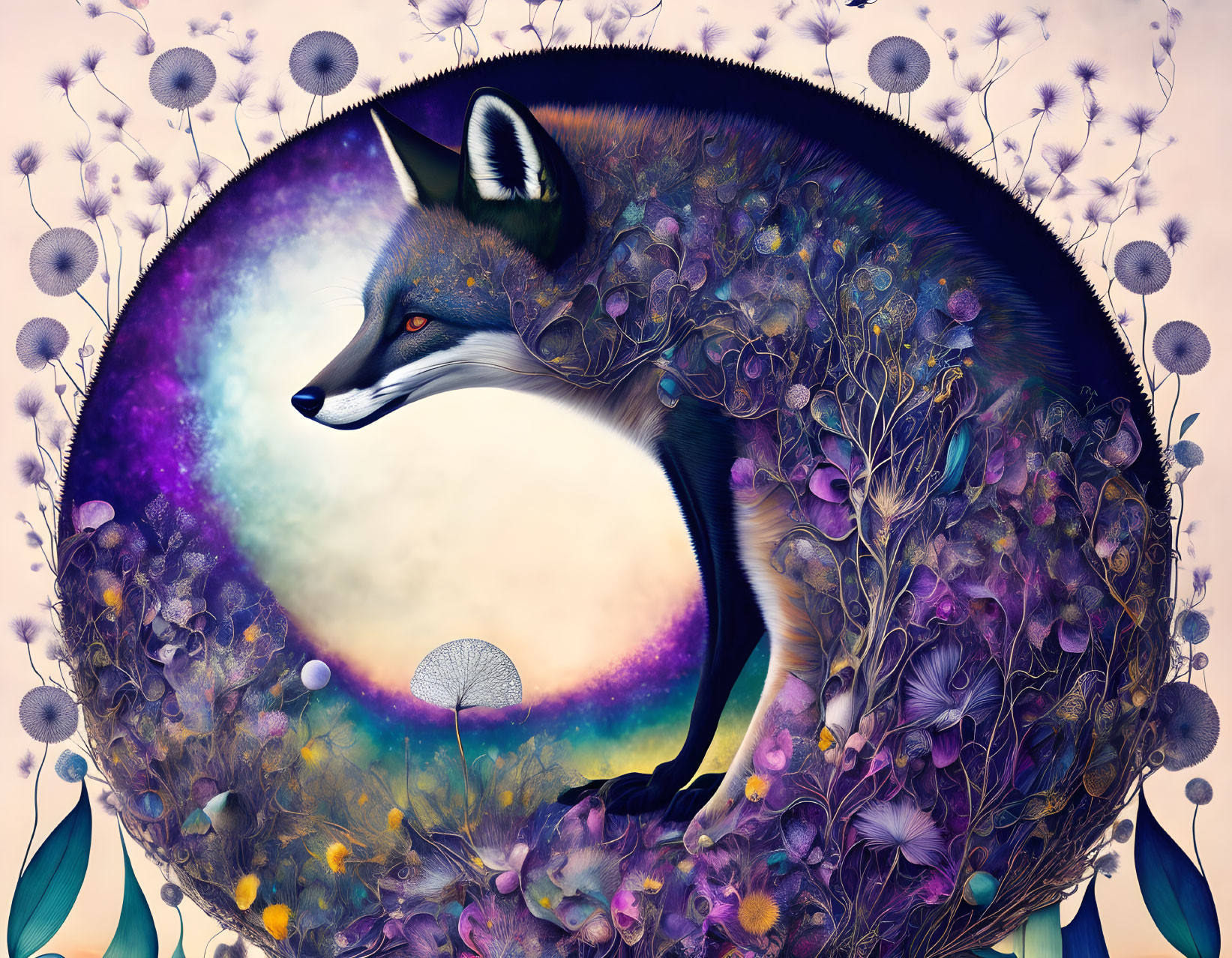 Curled fox surrounded by cosmic aura and botanical elements