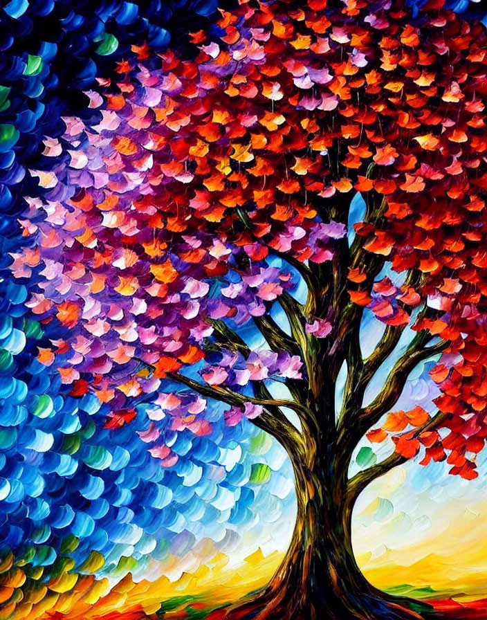 Colorful painting of tree with red, purple, and blue leaves against bright sun backdrop