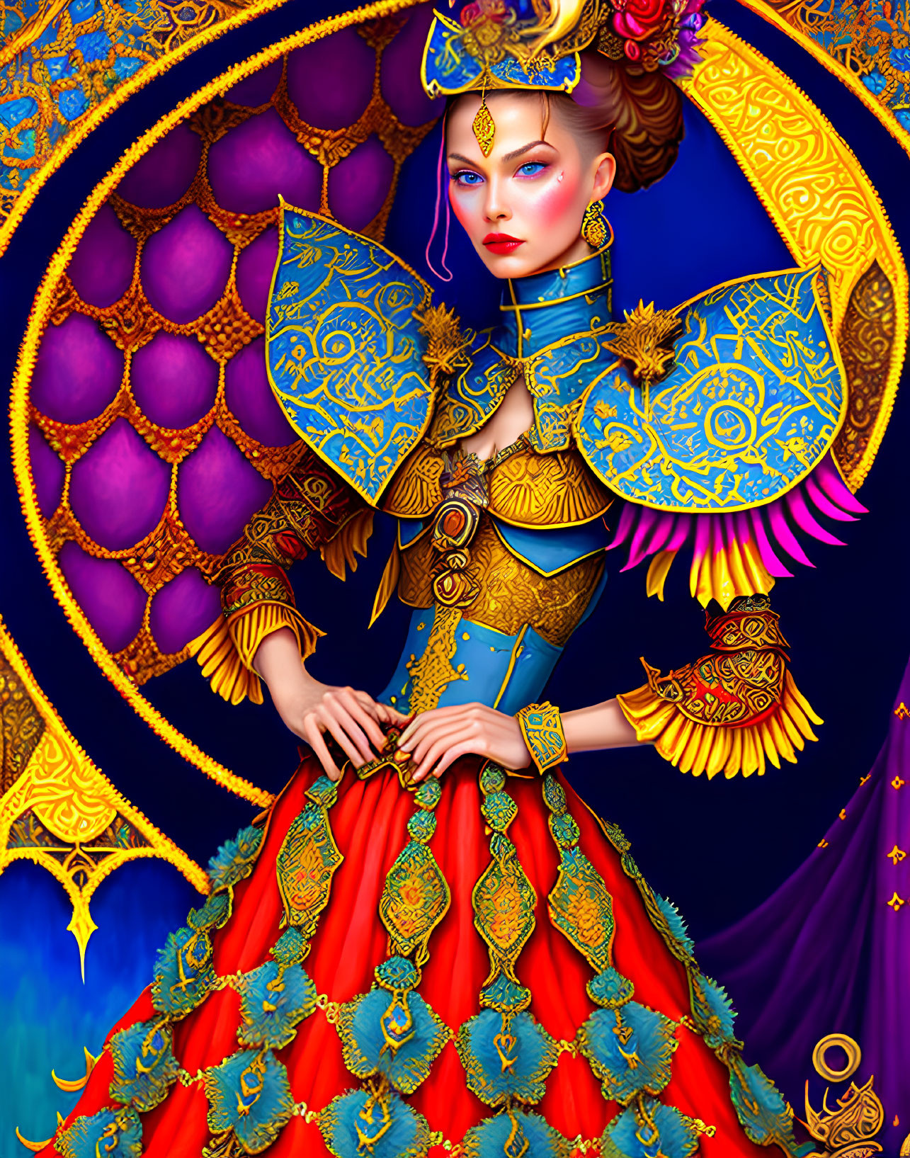 Regal woman in ornate attire with gold accents on blue and purple backdrop