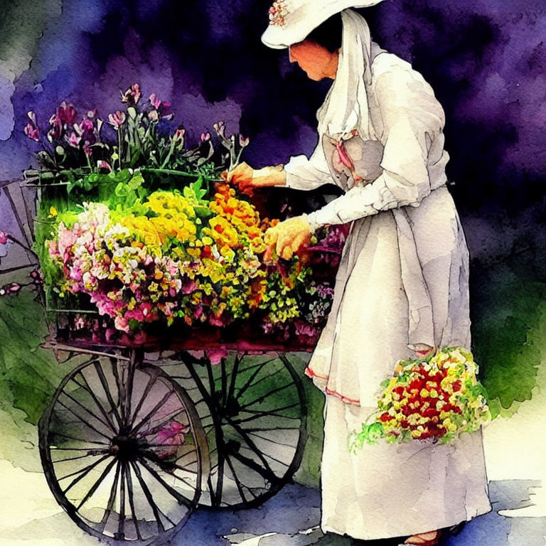 Watercolor painting of lady arranging bouquet on flower cart