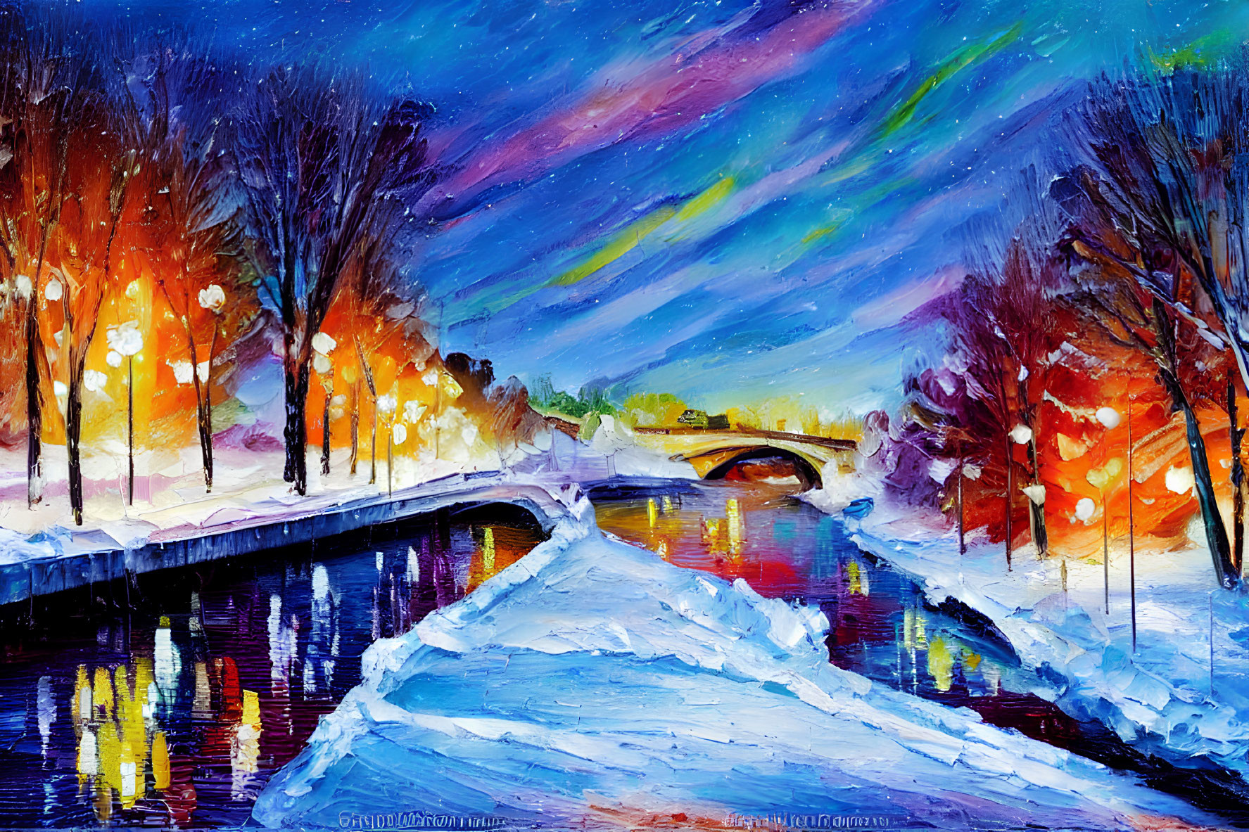 Snowy Park at Dusk: Vibrant Oil Painting of Colorful River Reflections