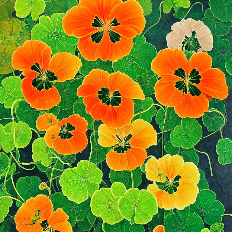 Orange Nasturtium Flowers and Green Leaves Pattern