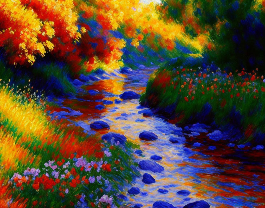 Colorful Impressionistic Painting of Creek with Foliage and Rocks