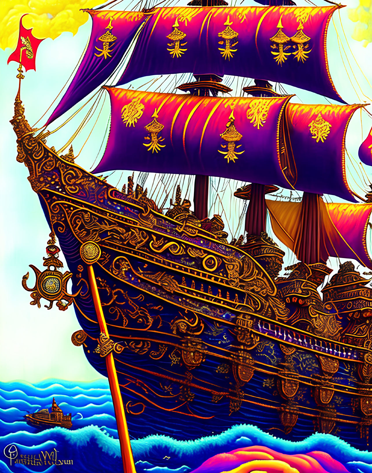 Majestic ship with purple sails on golden sky and blue waves