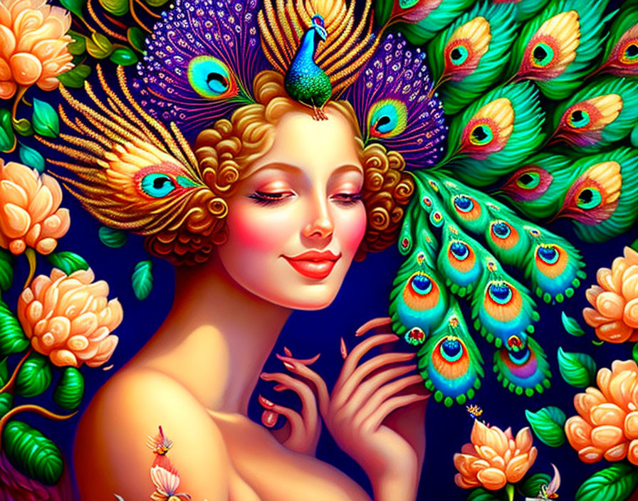 Colorful illustration: Woman with peacock feather hair in intricate detail
