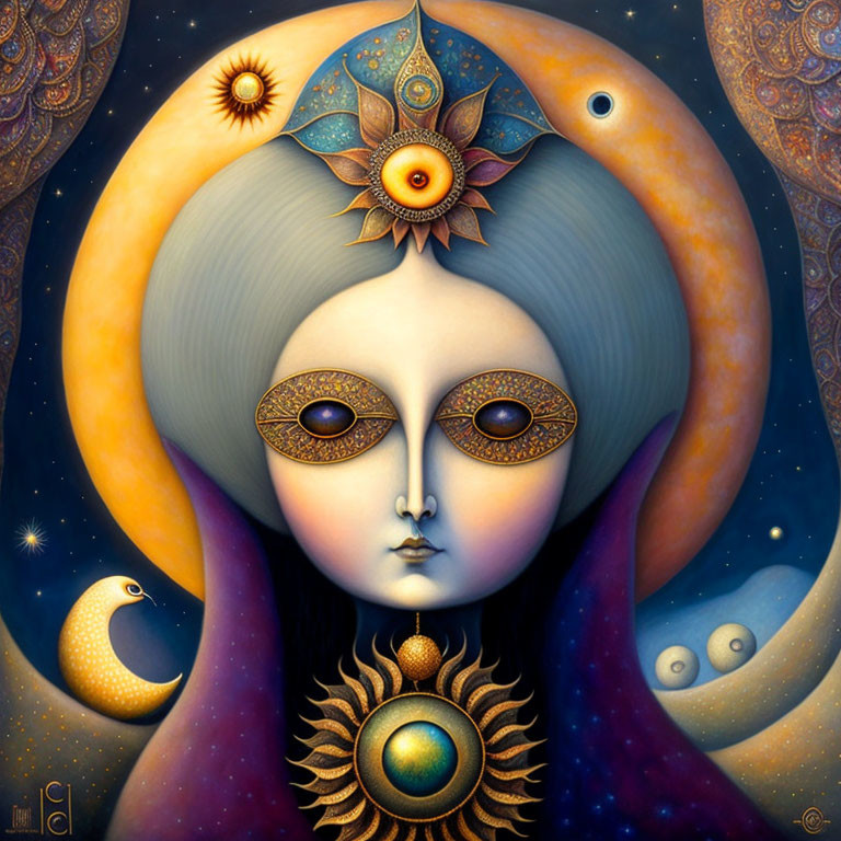 Stylized painting of figure with large ornate eyes in cosmic setting