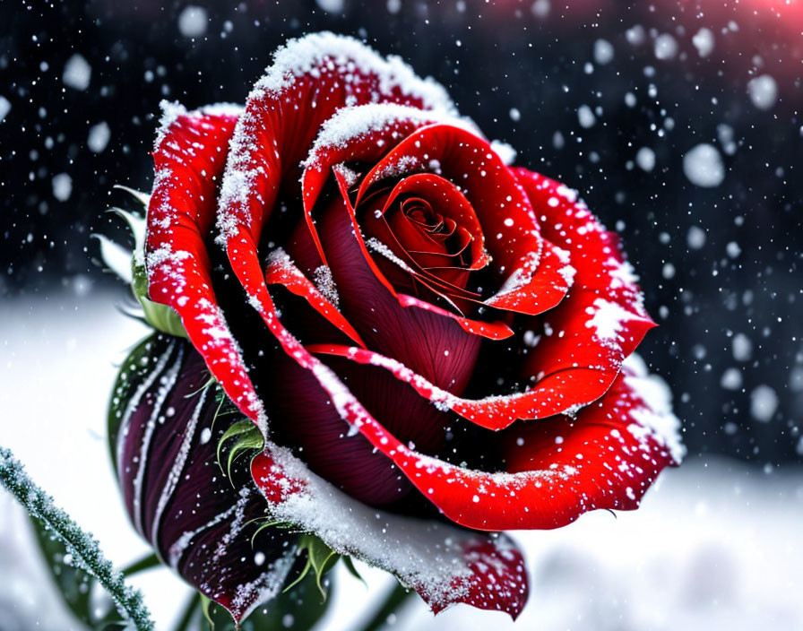 Red Rose Covered in Snowflakes on Snowy Background