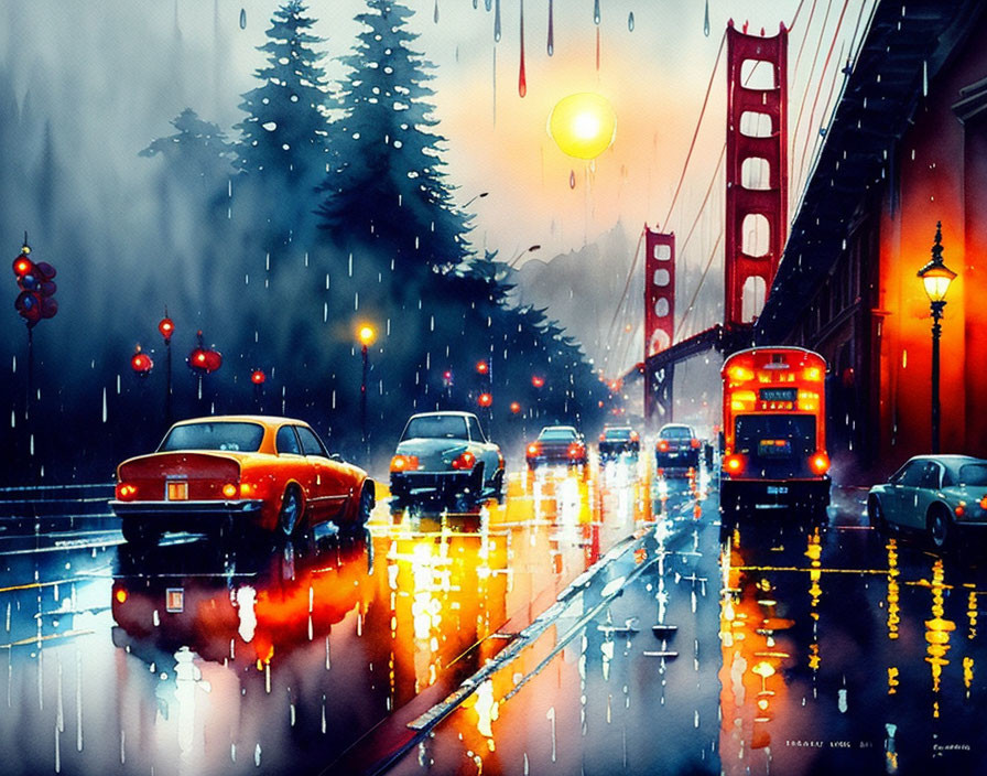 Rain-soaked street with reflections of cars and a red bus passing Golden Gate Bridge under a moody