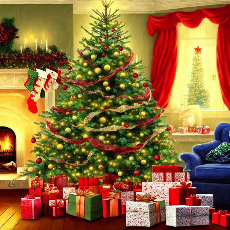 Festively decorated Christmas room with tree, gifts, stockings, and warm lighting