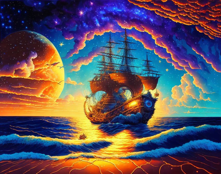 Ship sailing on fiery waves under cosmic sky with large moon and warm-hued clouds.