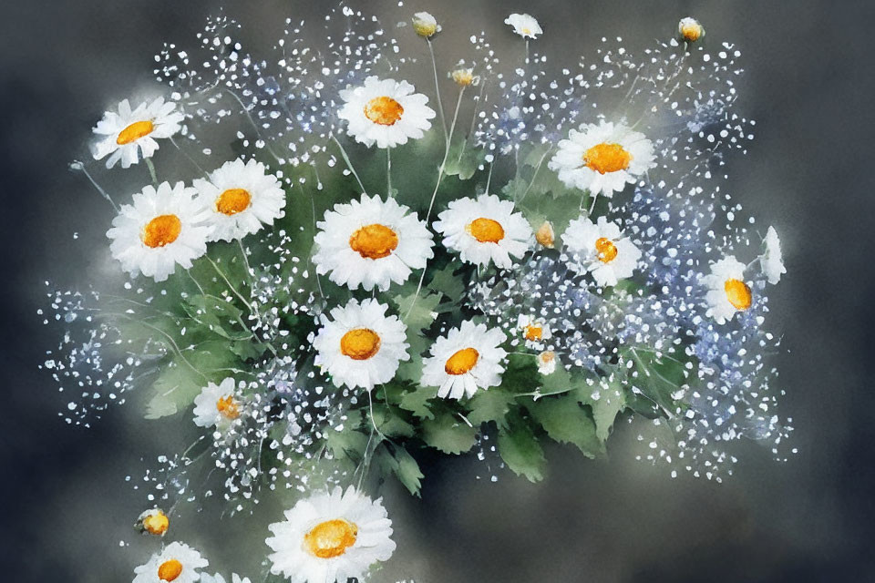 White Daisies Watercolor Painting with Yellow Centers