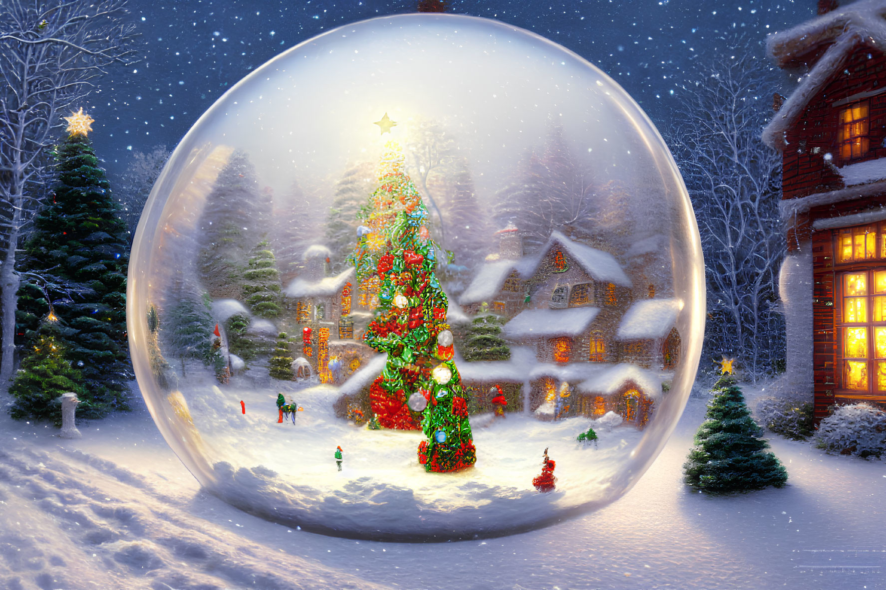 Snow globe with Christmas tree, cottages, and figures in snowy night scene