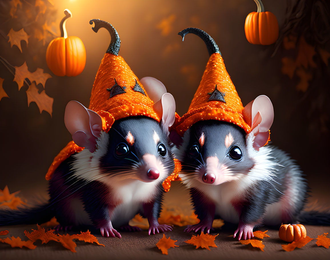 Two mice in orange witch hats with autumn leaves and pumpkins on Halloween backdrop