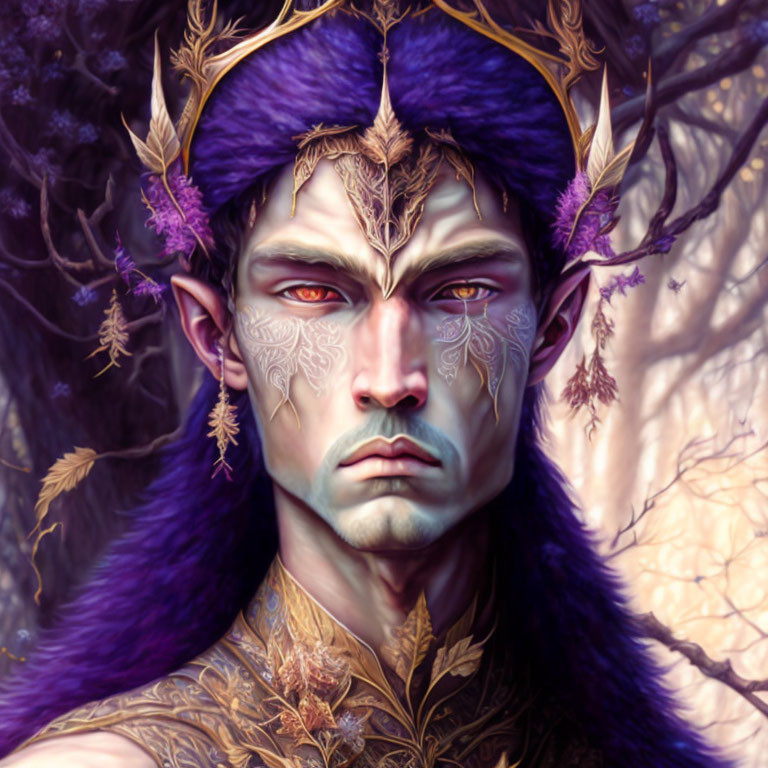 Purple-skinned fantasy creature with regal crown and golden leaf motifs