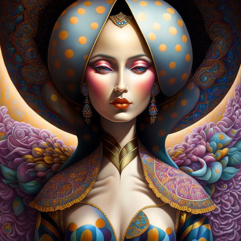 Colorful and ornate headdress on stylized woman portrait