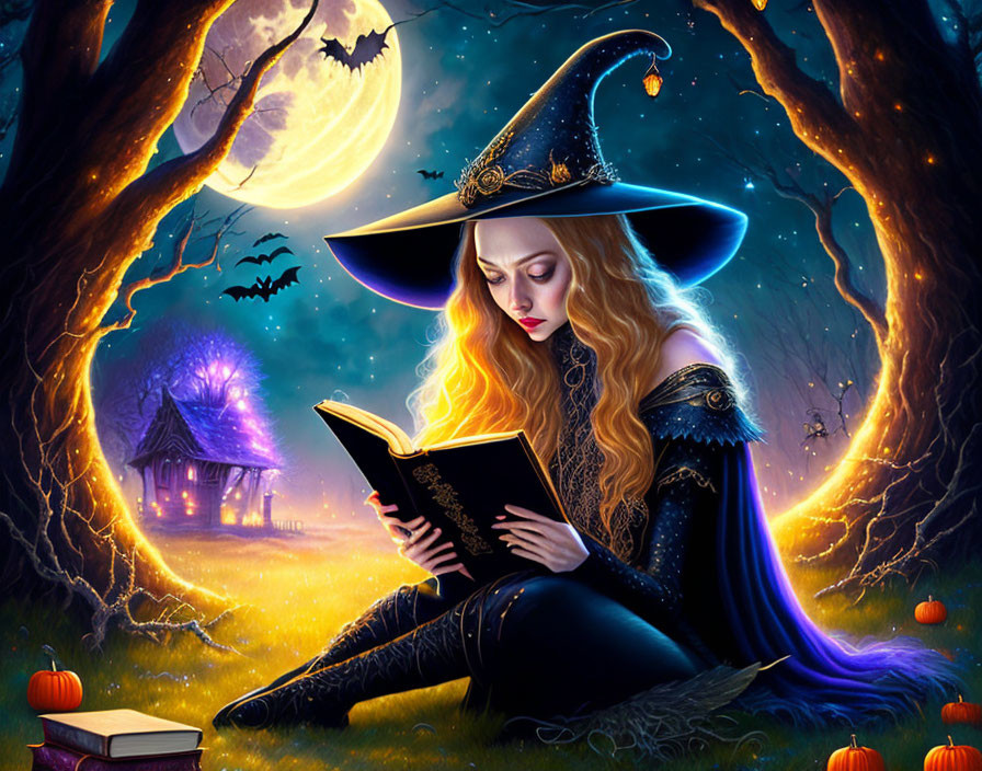 Blonde witch reading book in forest under full moon