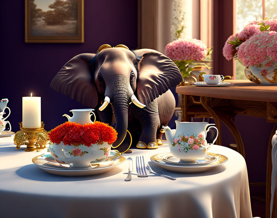 Elephant at elegant table with fine china and candles in purple room