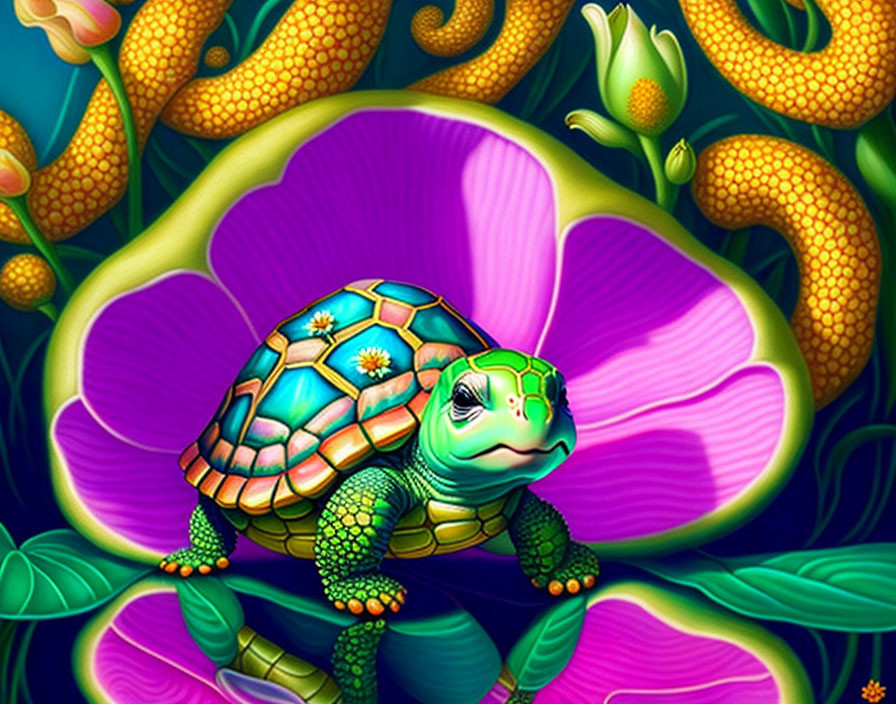 Colorful digital artwork of a green tortoise on pink flower with patterned shell